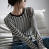 Чистый хлопок Полоски Контрастного цвета Круглый вырез Тонкая Базовая рубашка для женщин Осень Новая Универсальная Внутренняя Футболка С Длинными Рукавами