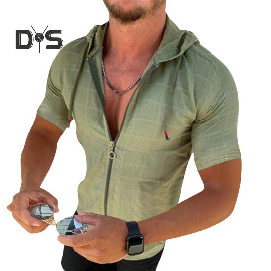 Мужская футболка с капюшоном, короткими рукавами, клетчатая футболка на молнии, повседневный тонкий летний топ для спорта, отдыха на природе, пляжа