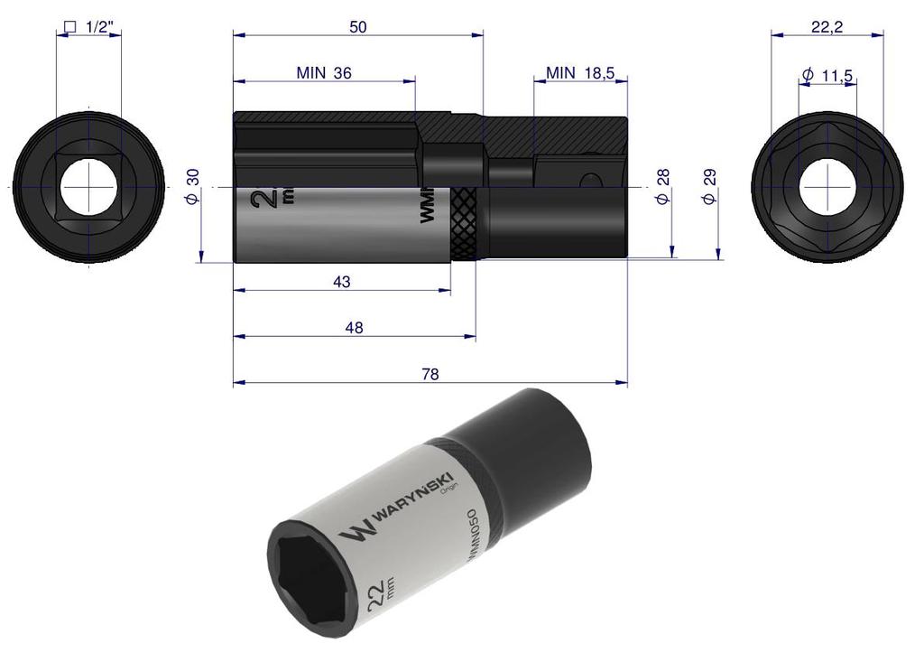 Nasadka Sześciokątna 1/2". 22 Mm. Długa. Crv50Bv30. Din 3124. Waryński