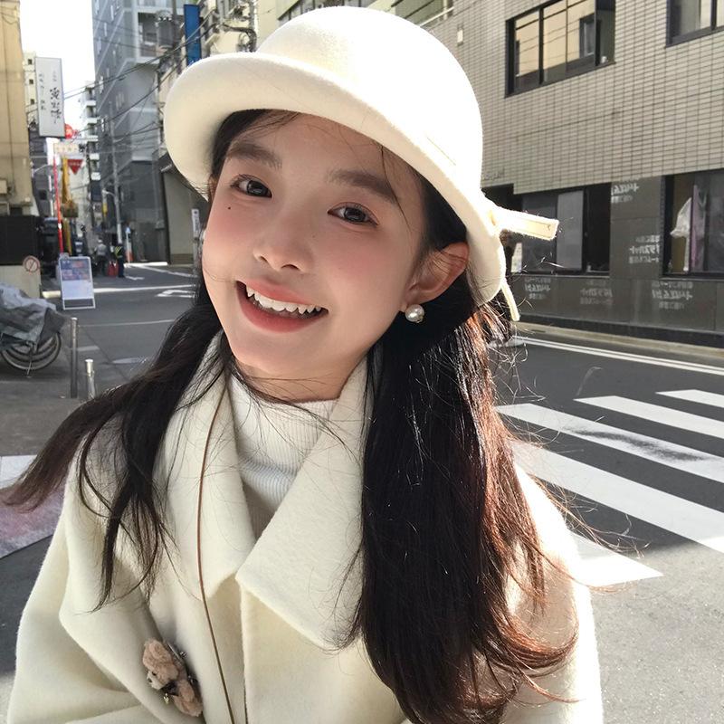 All Australian hair white moonlight thousand gold wind top hat to wear, women's autumn and winter bucket hat, external bow basin hat