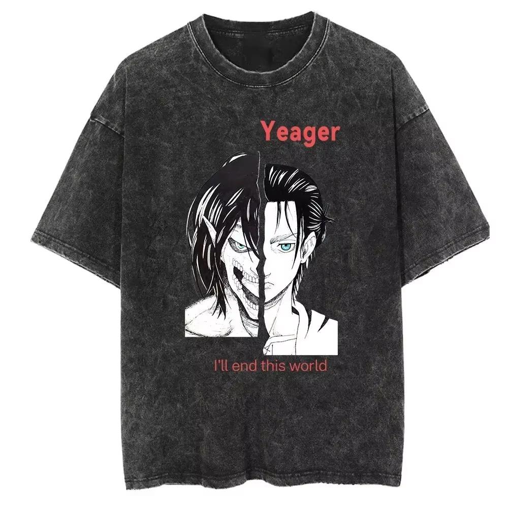 Attack on Titan Mens and Womens Washed TShirt Eren Yeager Summer Anime Cotton Tee Retro Distressed Yk Short Sleeve Top