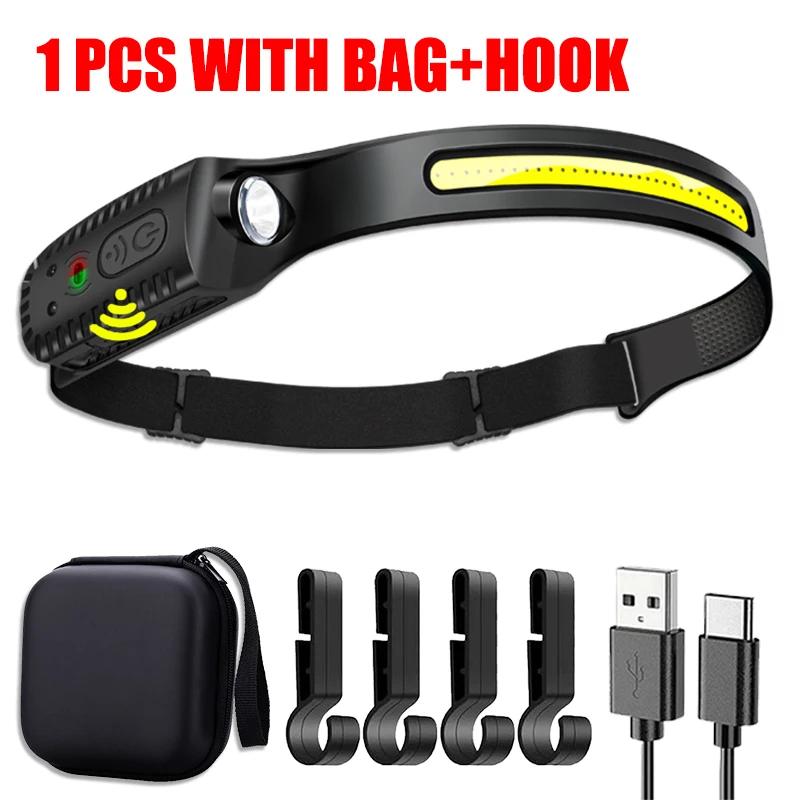 Светодиодный налобный фонарь с датчиком COB, USB-перезаряжаемый фонарь со встроенным аккумулятором, 5 режимов освещения, Налобный фонарь, Наружный, Аварийный, Рабочий фонарь