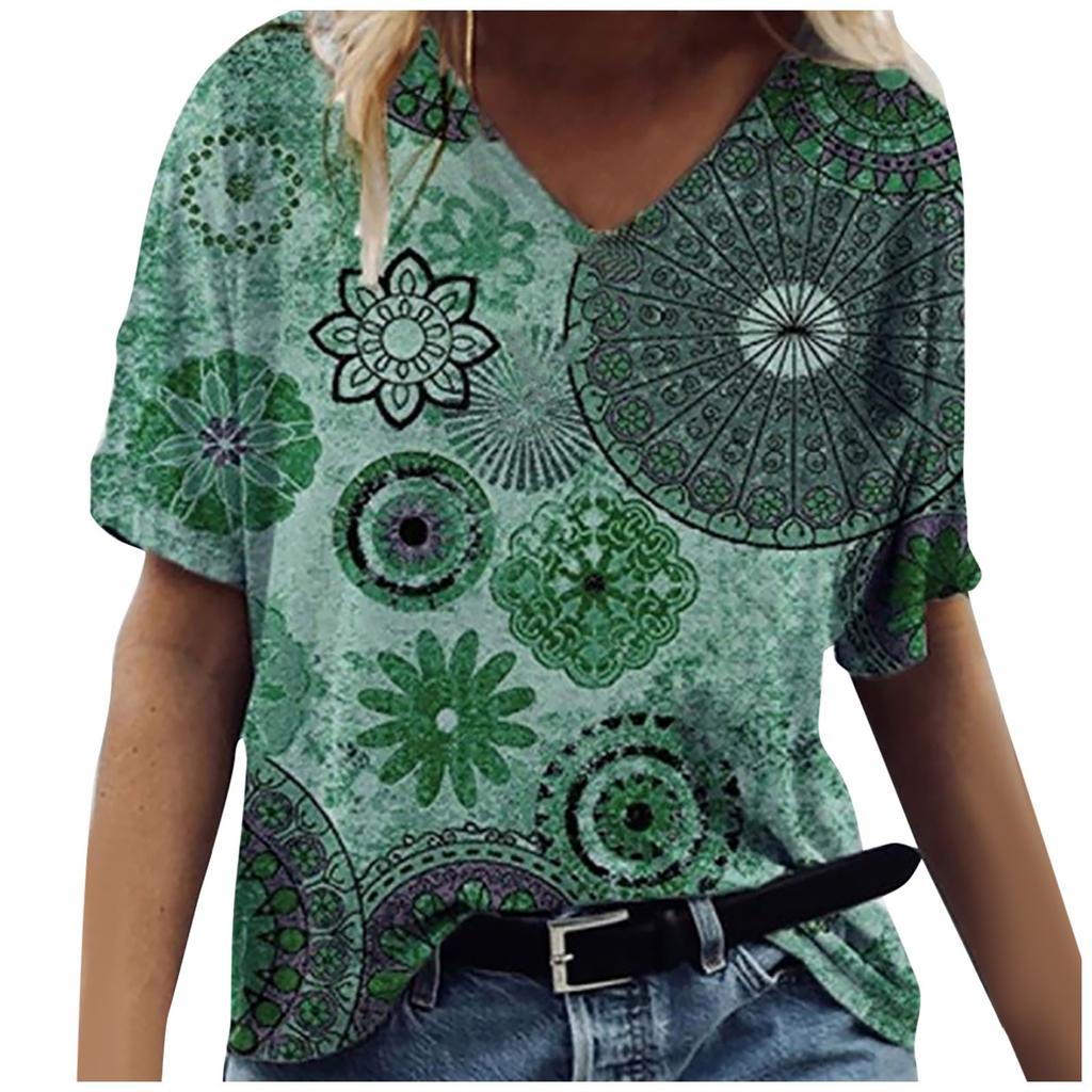 Women's Fashion Casual V-Neck Loose Comfortable Short Sleeve Print Tops Blouse