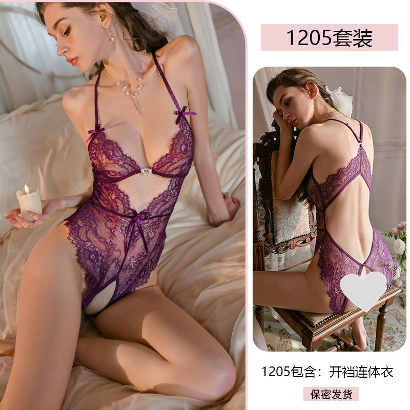 Original Sexy One-piece Women's Romantic Underwear Pure Desire Lace Seductive Open-crotch Uniform Pajama Set 1205