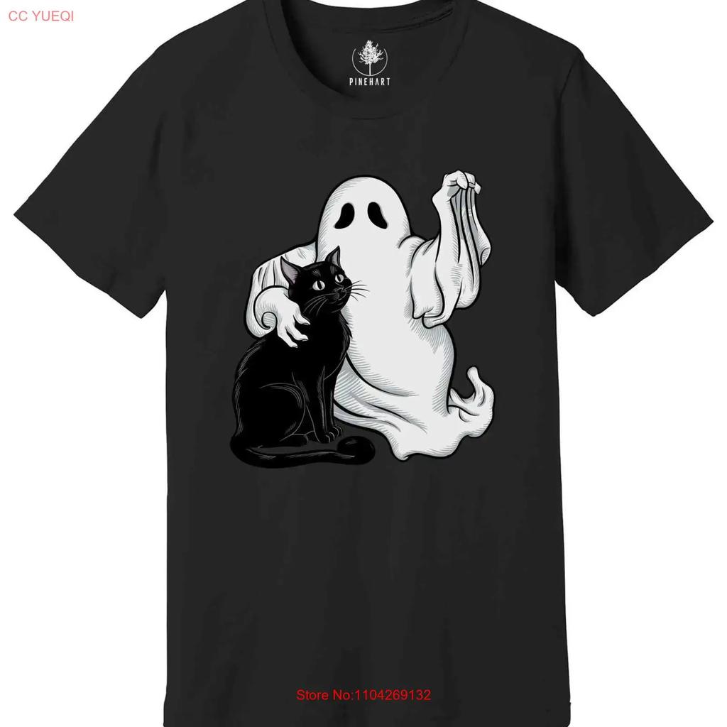 Ghost Holding Black Cat Halloween T Shirt Gift Cats Owner Vintage Homme Stretched Breathable Fashion Soft