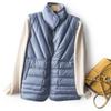 Womens Reversible Lightweight Duck Down Vest Short Puffer Waistcoat With Stand Collar Front Snap