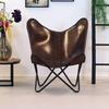 Comfortable Arm Rest Living Room Dark Brown Leather Butterfly Chair with Golden Powder Coated Iron Stand