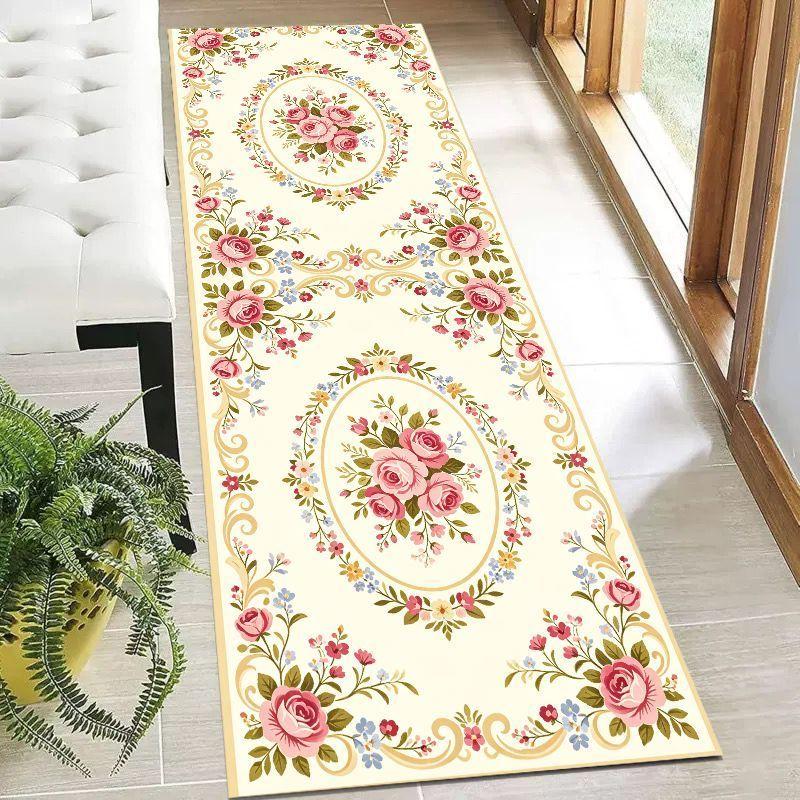 Retro Ethnic Style Runner Rug Anti-Slip and Stain-Resistant Entrance Hall Floor Mat Bedroom Kitchen Rug Home Decoration