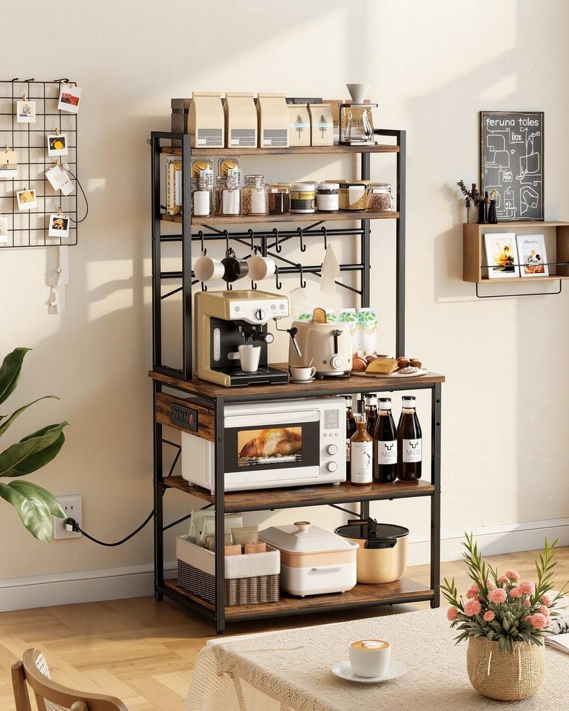 Kitchen Bakers Rack, 1.5m Power Cable Bakers Rack with Power Outlet, Kitchen Stand with X-Shaped Support Bar, 12 S-Shaped Hooks, Coffee Bar Stand for