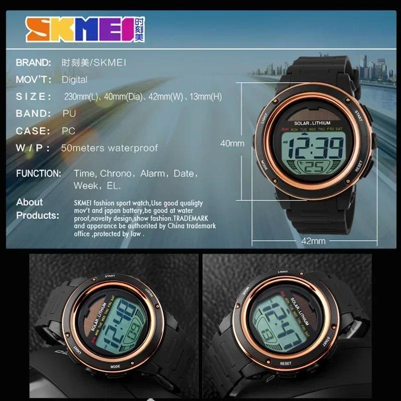 Skmei 1096 Digital Watch Reloj Hombre Outdoor Sport Watch Men Solar Pu Strap Wristwatches Mens Chronograph Alarm 5Bar Waterproof