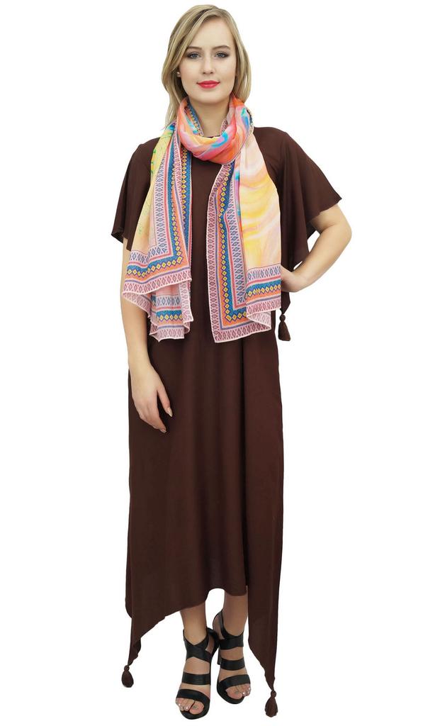 Bimba Women's Sleeve Black Asymmetrical Hem Maxi Dress with Scarf-14