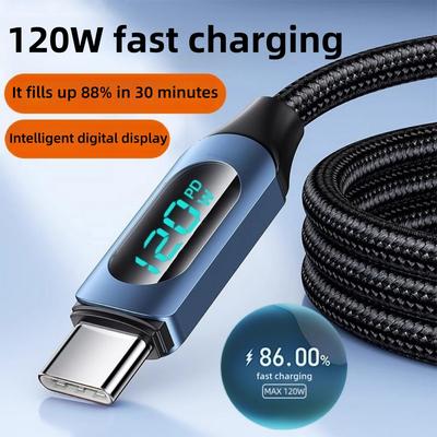 1м/2м 120 Вт USB на Type C Кабели для быстрой зарядки и передачи данных для iPhone 16 Xiaomi 14 15 Redmi Samsung со светодиодным цифровым дисплеем