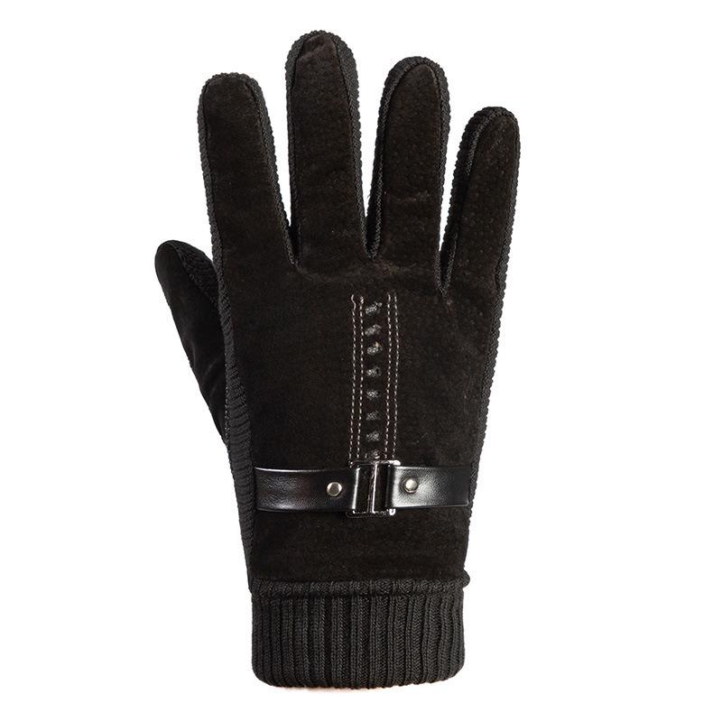 Warm Leather Gloves Knitted Splicing Pigskin Thickened and Velvet Outdoor Cycling Cold-proof Men's Autumn and Winter Touch Screen Gloves