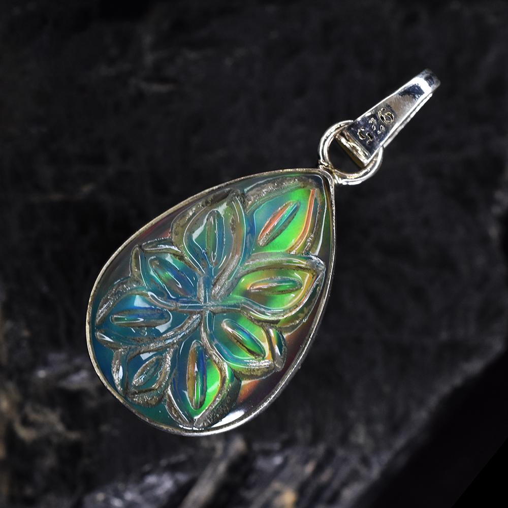 Natural Ammolite 23 Ct 925 Sterling Silver Pear Pendant Gift For Dad