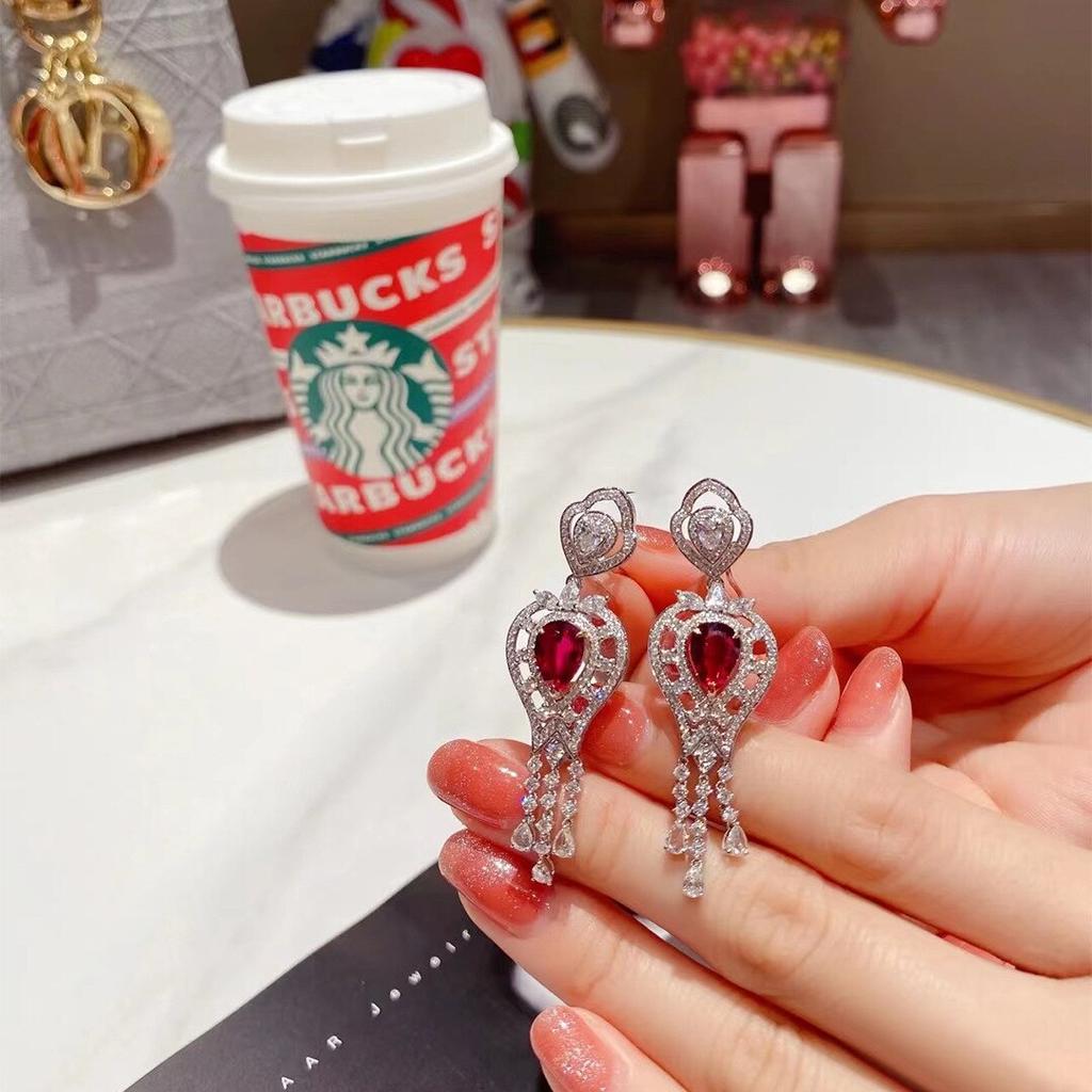 Висячие серьги с королевской короной и рубинами и бриллиантами, стерлинговое серебро 925 пробы, свадебные серьги-капли для женщин, обещание, ювелирные изделия для помолвки и вечеринки