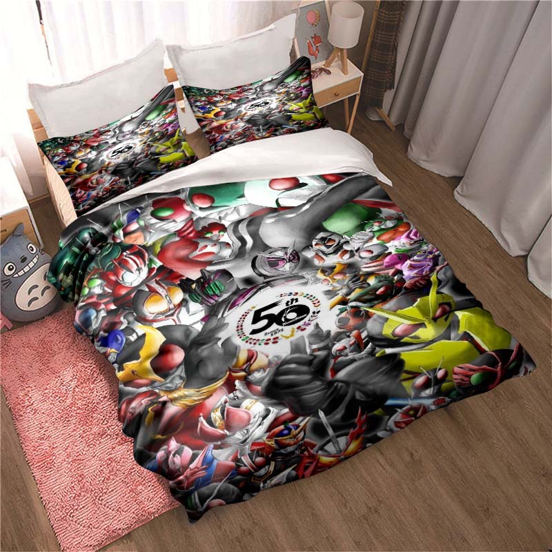 Masked Rider themed bedding set with duvet cover and pillowcases – suitable for single, double, king, and queen beds. A festive