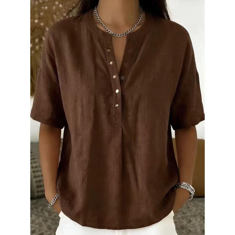 Женская свободная повседневная блузка-рубашка Хенли с коротким рукавом, на половинной планке, из смесовой льняной хлопковой ткани