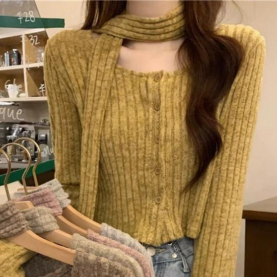 Короткий кардиган французской вязки: Утягивающий, модный длинный рукав с шарфом и квадратным воротником