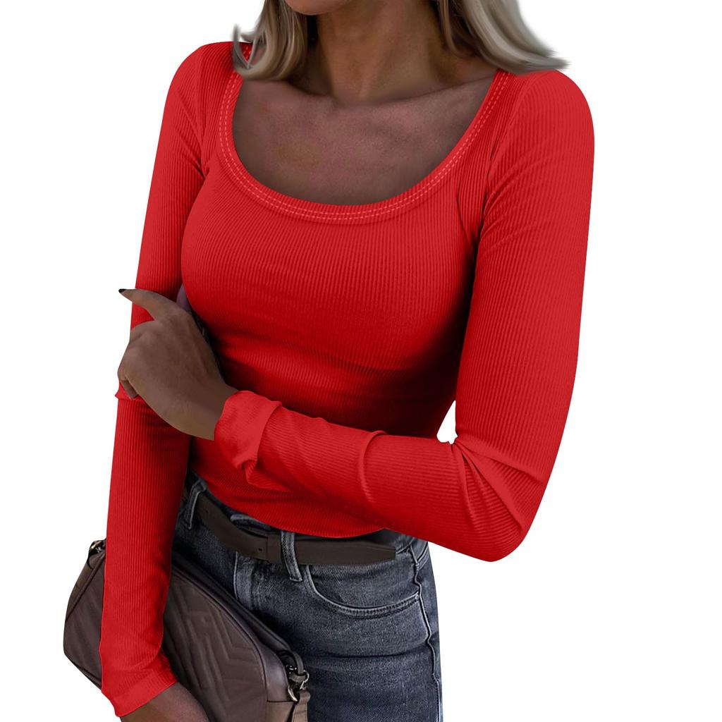 Women's  And Winter Slim Bottom T-shirt Fashion Casual Solid Color U Neck Pullover Long Sleeve Top