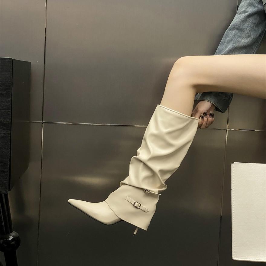 Осень и зима 2025 Остроносые тонкие каблуки на высоком голенище женские сапоги универсальные, но с ремешком-пряжкой на колене, сапоги для брюк