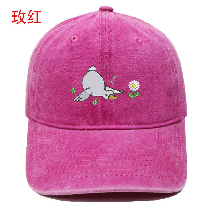 New cute big white goose embroidered flower baseball cap washed retro men's and women's casual outdoor sun hat