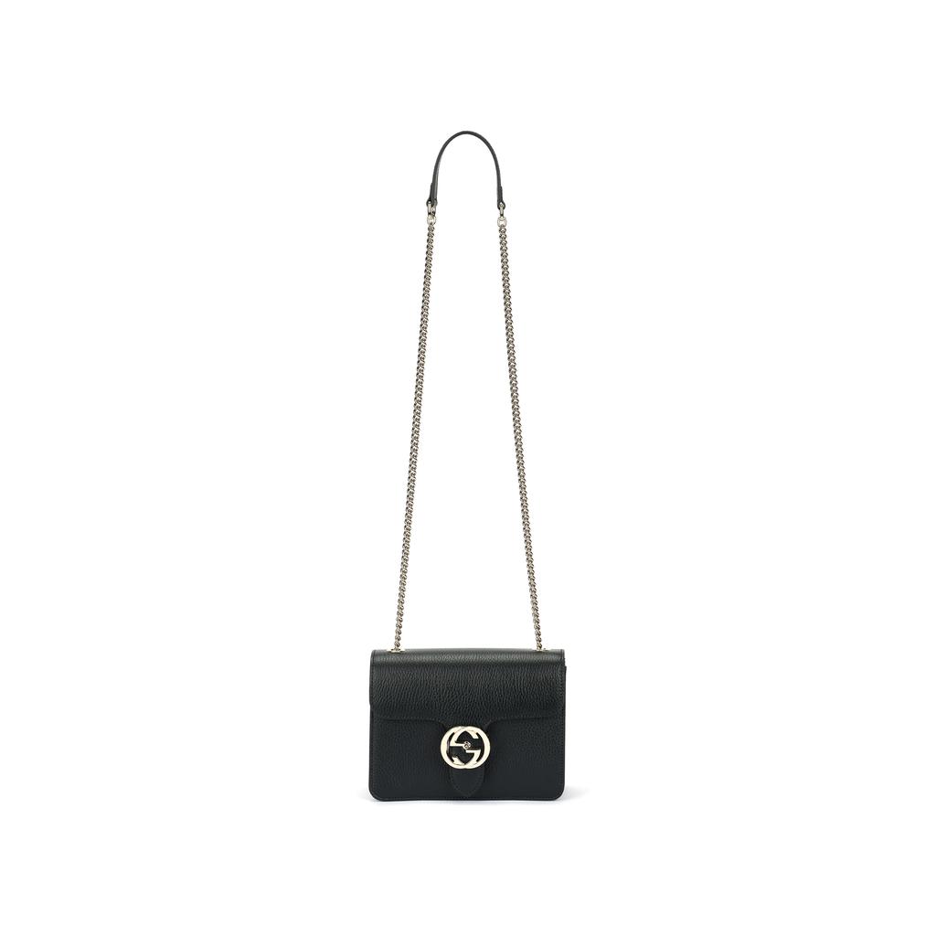 Gucci Double G Chain Shoulder Strap Lychee Pattern Leather Messenger Bag Organ Bag Cross-Body Shoulder Bag Women'S Black