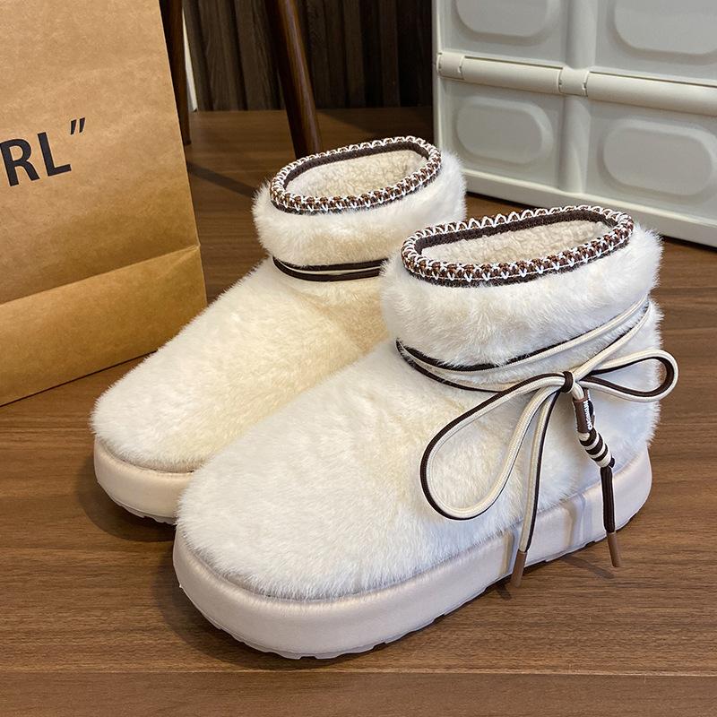 Женские домашние тапочки из искусственного меха, удобные повседневные зимние ботинки без застежек, теплые зимние ботинки на толстой платформе с меховой подкладкой для женщин