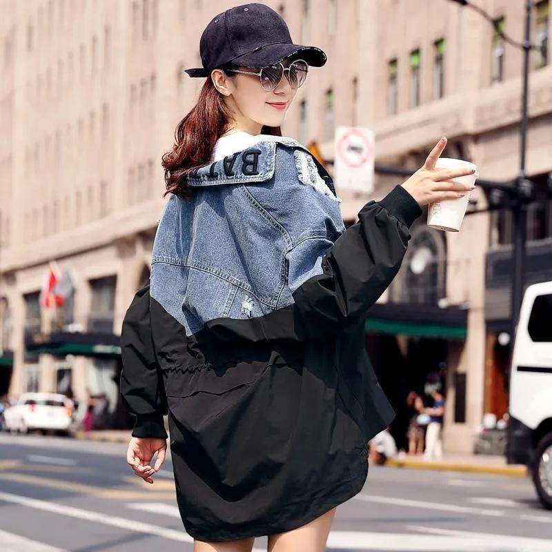 Spring Autumn Fashion Medium Long Splicing Denim Jacket Female Loose All-match Casual Cowboy Overcoat Female Windbreaker