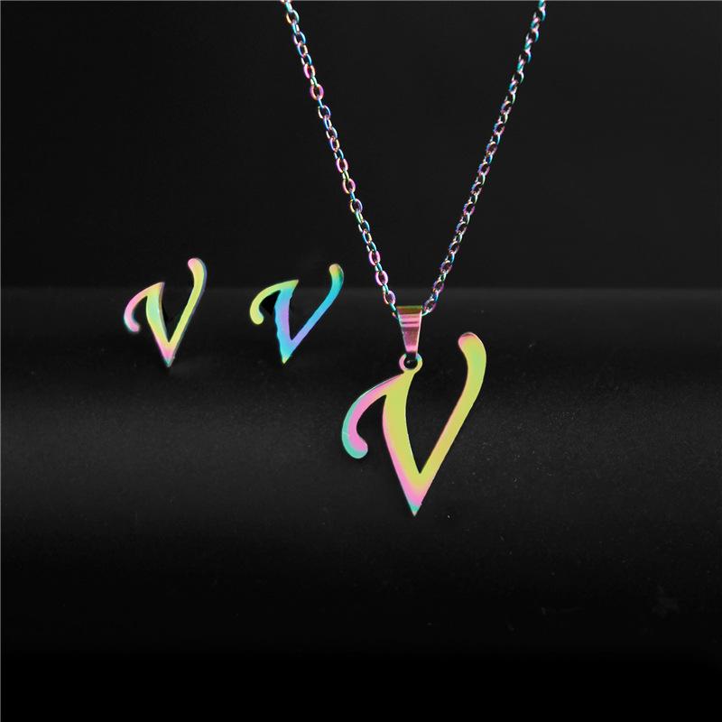 RUI RUI YU 26 Letter Colorful Stainless Steel Jewelry Sets for Women Men Alphabet Initial Chain Pendant Necklace Earrings Kids Gift