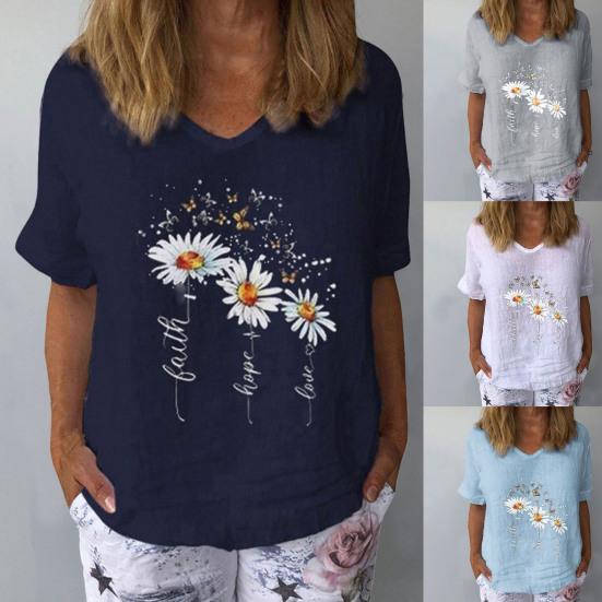 Casual Women T-shirt V Neck Marguerite Butterfly Printed Short Sleeve
