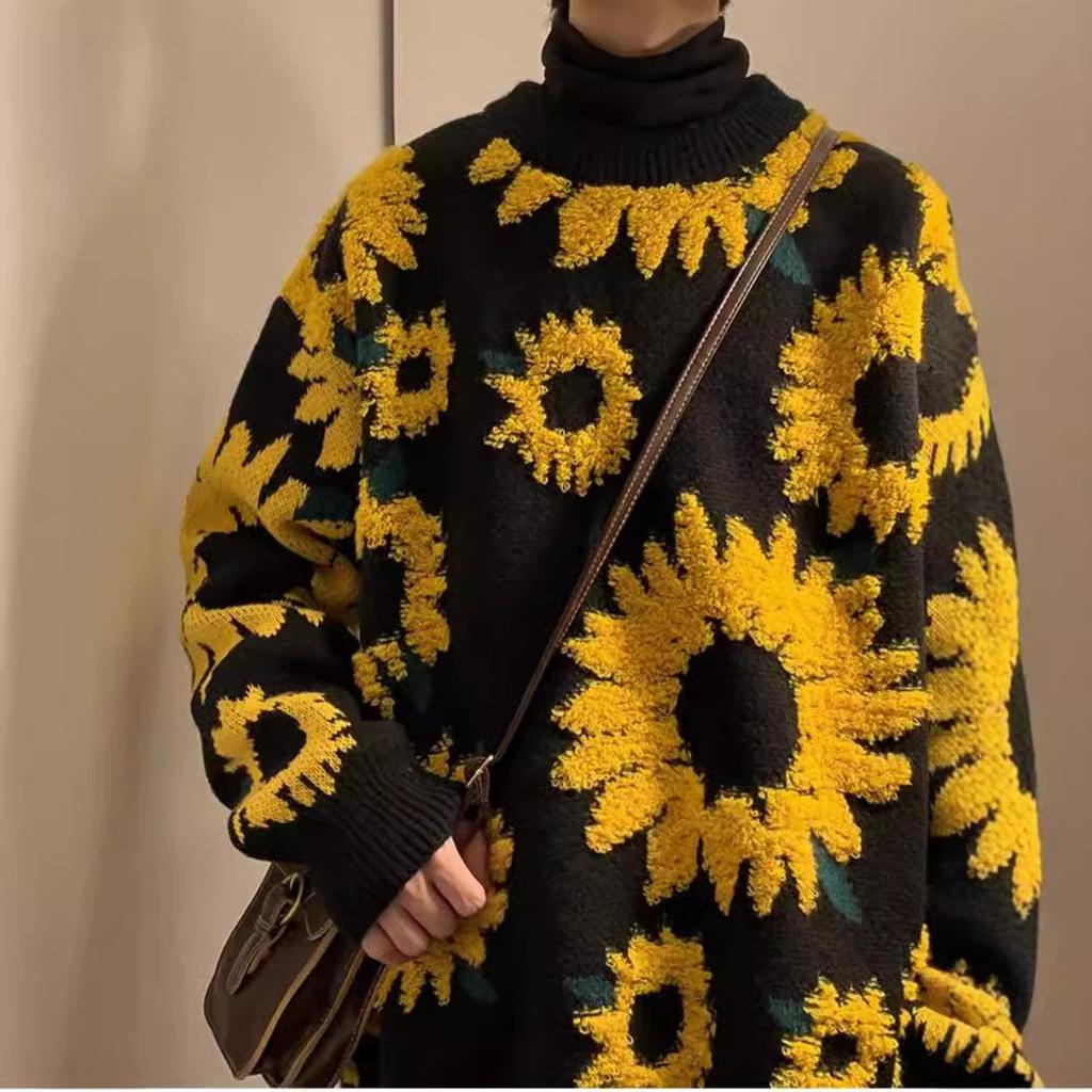 Европейский и американский жаккардовый свитер с подсолнухом, женский осенне-зимний свободный свитер с круглым вырезом и длинными рукавами средней и длинной длины