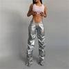 Autumn Women's Fashion Pleated PU Sexy Low Waist Streetwear Straight Casual Pants