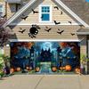 A 2D Halloween garage decoration banner featuring designs of a Halloween castle skulls and pumpkins.PMJ