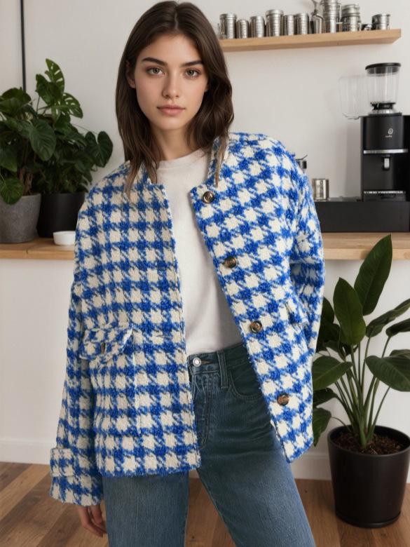 Женское короткое пальто в гусиную лапку - Осень/Зима 2025, Европейский и Американский Стиль, Свободный Покрой, Повседневная Мода