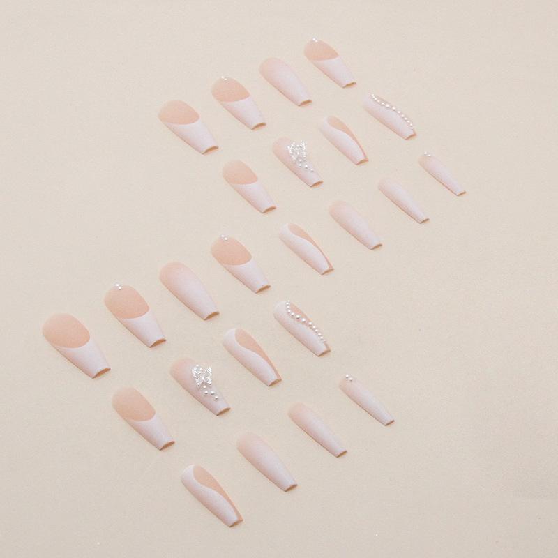 Long ballet simple French white crystal butterfly diamond wearing nail matte texture high quality fake nail finished product wholesale