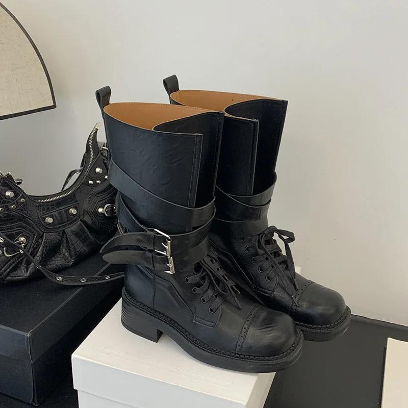 Дизайнерские женские ботильоны на толстом каблуке, модные женские ботинки-рыцари с пряжкой-ремнем, до середины икры