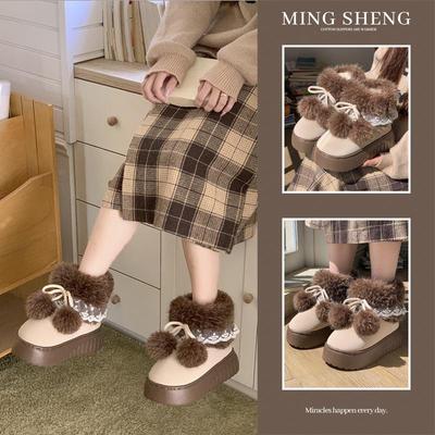 Женские зимние флисовые сапоги-помпоны, толстая подошва, нескользящие хлопковые ботинки до середины икры.