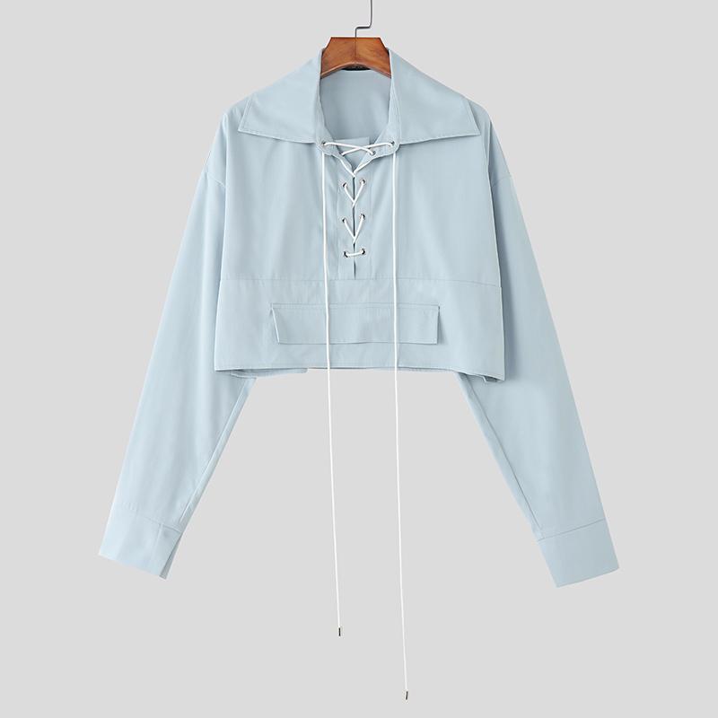 INCERUN Мужские рубашки оверсайз с лацканами, длинными рукавами, бинтами, повседневные, свободные, укороченные