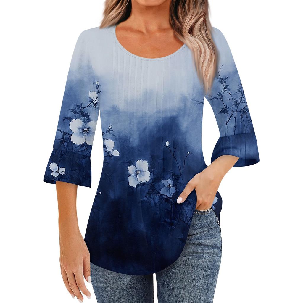 Женская модная повседневная плиссированная футболка с круглым вырезом и цветочным принтом, рукав три четверти