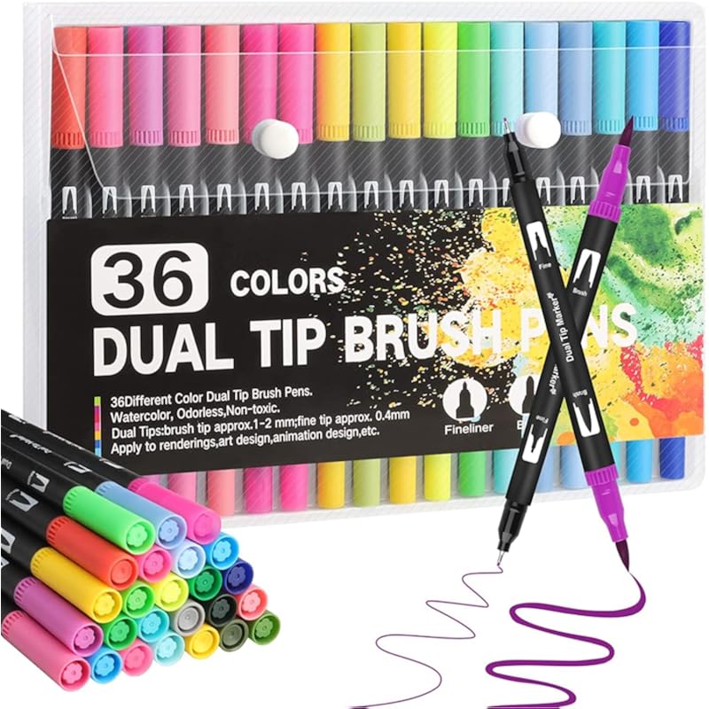 Corslet 36 Water Based Dual Tip Brush Pens: 1-2Mm & 0.4Mm Tips With Carrying Case For Art, Calligraphy And Sketching