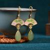 Chinese Bamboo Fan-Shaped Earrings with Imitation Hetian Jade & Enamel