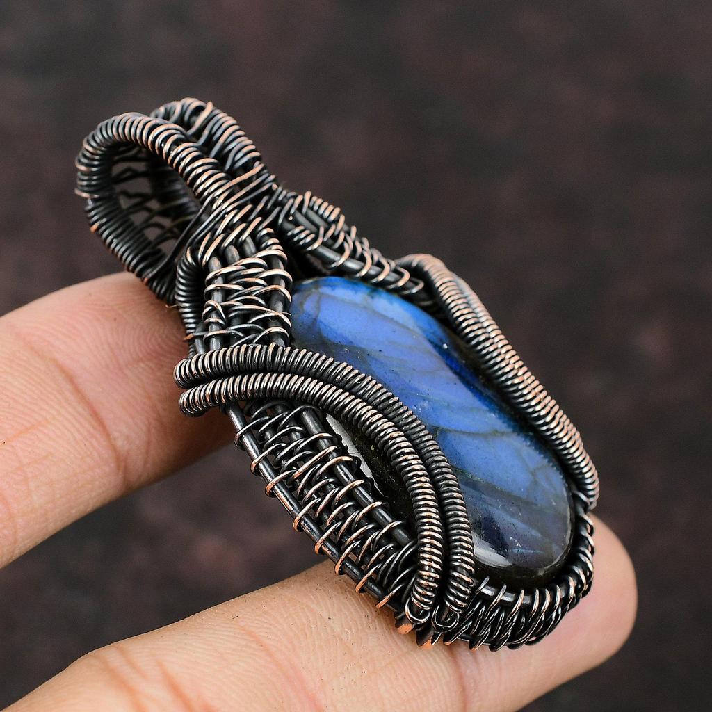 Подвеска из медной проволоки с лабрадоритом, подвеска из драгоценного камня ручной работы, дизайнерская подвеска из медного лабрадорита для женщин, ювелирные изделия с проволочной обмоткой