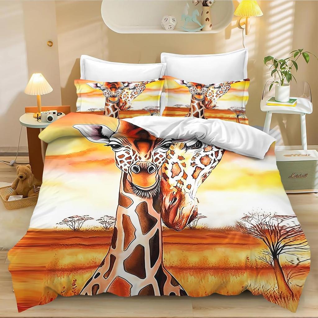 Giraffe Single Duvet Cover, Grassland Wild Animal Yellow Bedding Set for Kids Adults Set Soft with Zipper 2 Piece Giraffe Gifts