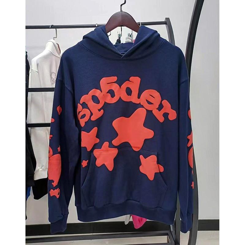 Sp5der Hoodie Oversized Thick Fleece Sweatshirt With Foil Print Spiderweb Design Men Winter Casual Wear