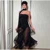 Sexy Strapless Long Black Dress Women with Scarf Backless Mesh Pleat A-line Dresses Female 2025 Summer See Through Prom Gowns