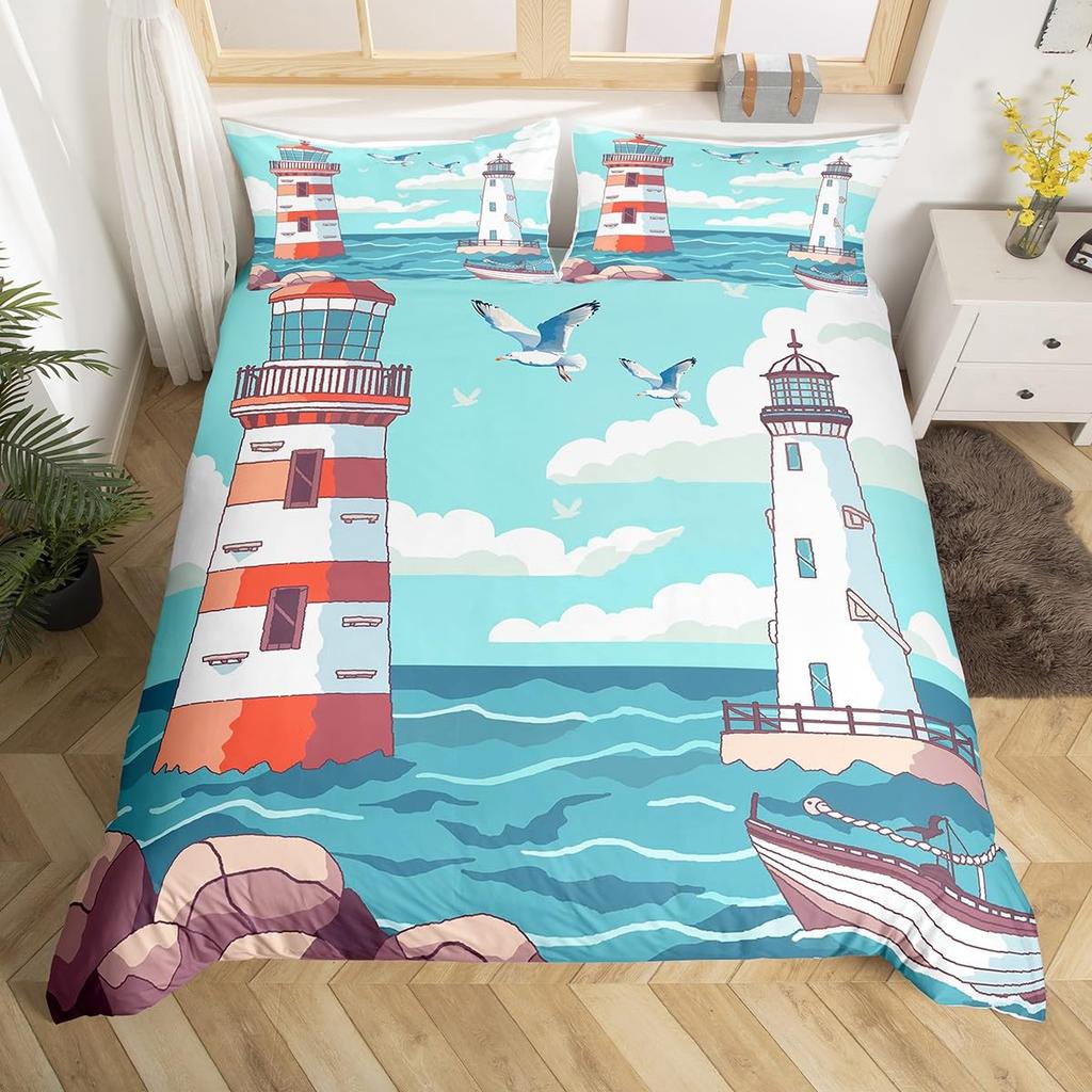Nautical Comforter Cover Sailboat Lighthouse Duvet Cover Watercolor Ocean Themed Bedding Set Summer Beach Polyester Quilt Cover