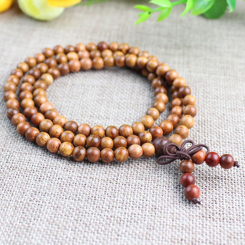 Браслет из буддийских четок из бирманского палисандра: 108 больших бусин из красного сандалового дерева и желтого палисандра