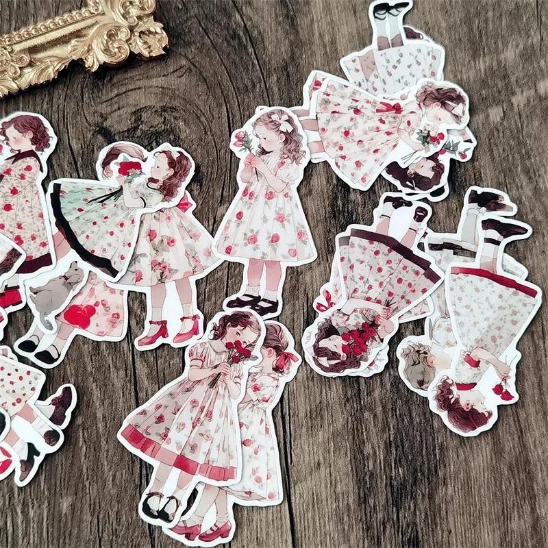 Retro spring flower dress flower bouquet girl Stickers Crafts And Scrapbooking kids toys book Decorative DIY Stationery