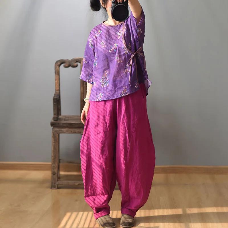 Johnature Summer T-Shirts Women O-Neck Seven Sleeve Print Floral Button Female Vintage T-Shirts