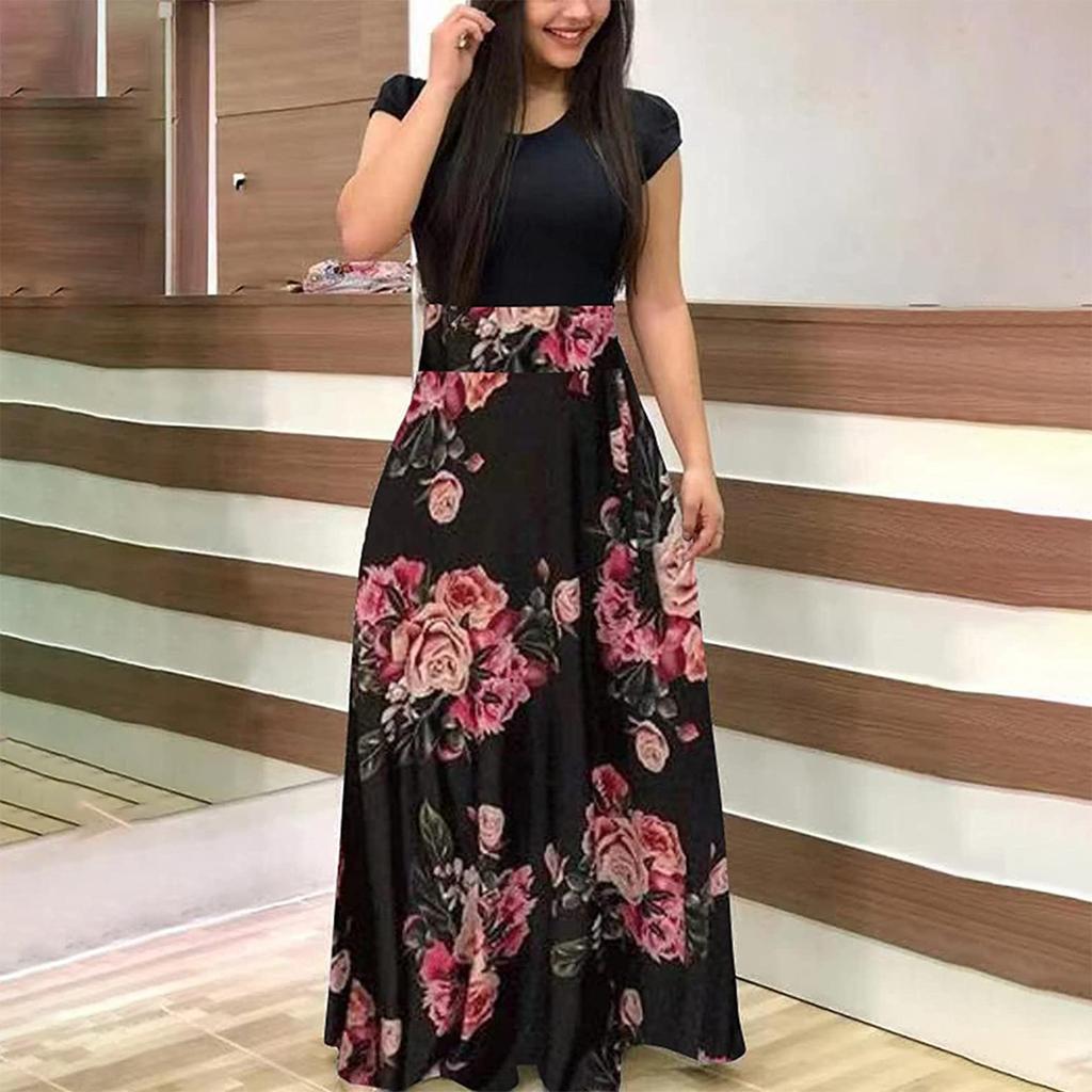 Женская мода повседневный принт с круглым вырезом и короткими рукавами, длинные платья большого размера